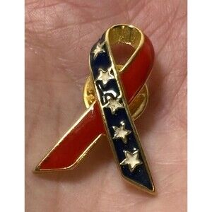 Vintage American Flag Ribbon Pin Enamel Red White & Blue Gold-tone